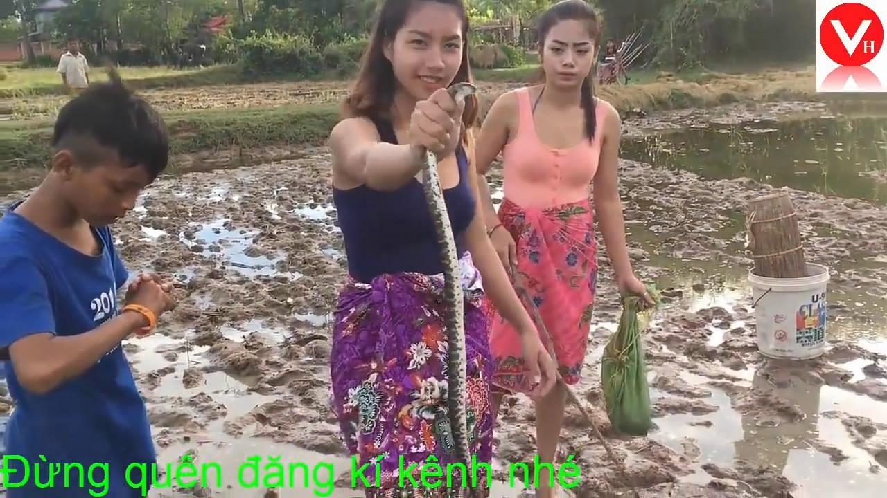 越南农村妹子徒手抓蛇卖钱!看的惊心动魄!